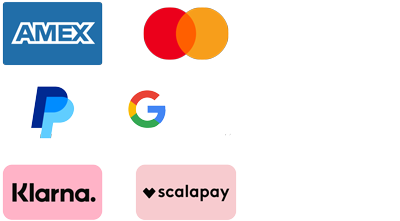 VISA, Mastercard, American Express, Paypal, Google Pay, Apple Pay, Klarna, Scalapay